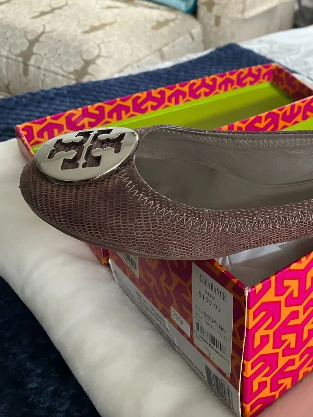 Tory Burch Reva Flat in Taupe Lizard Print, Size 7